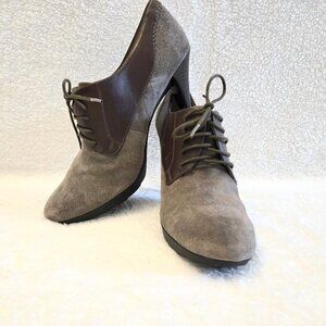 Nine West Candyce 8M Oxford Heels Taupe/Brown Suede Leather Round Toe Lace Up